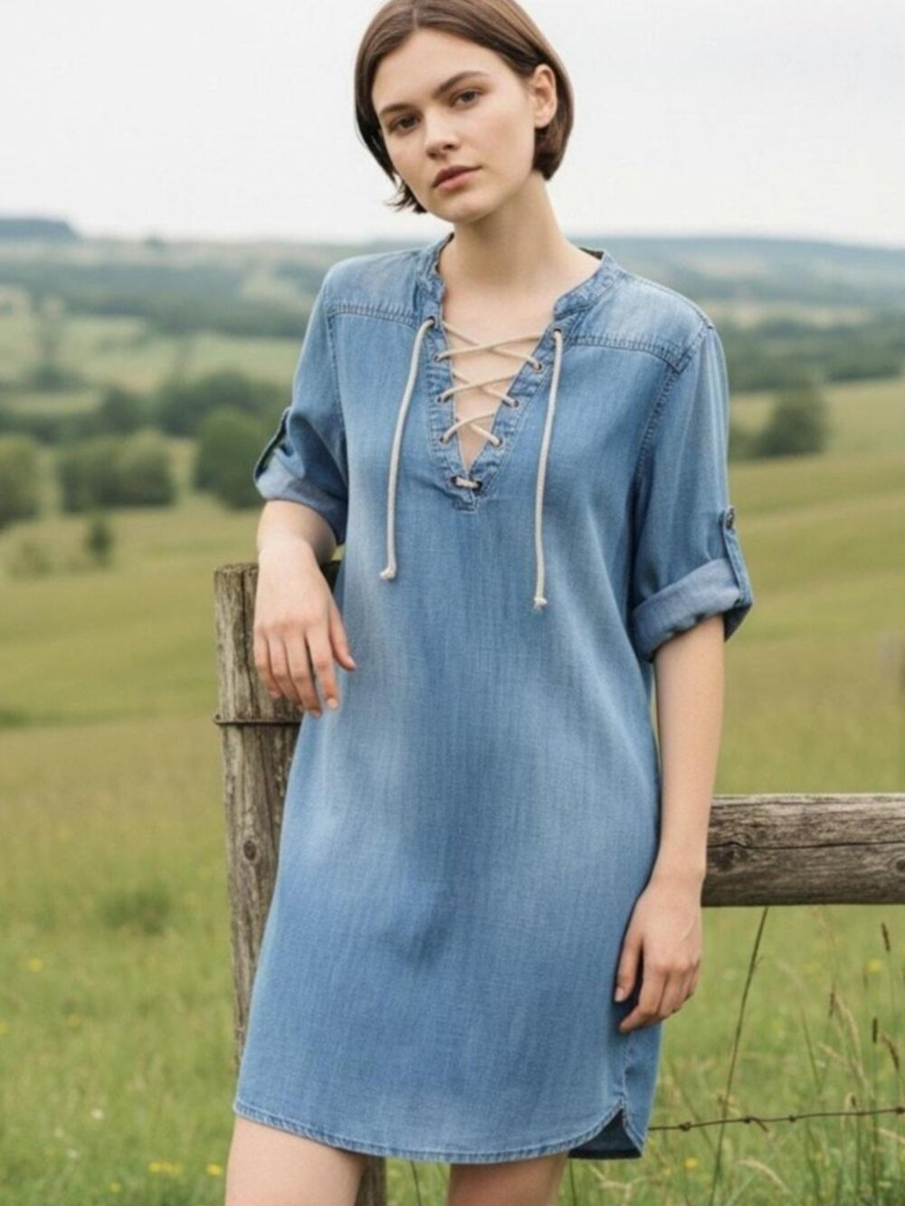 Anthropologie Cloth & Stone Denim Tie-Neck Tunic Dress